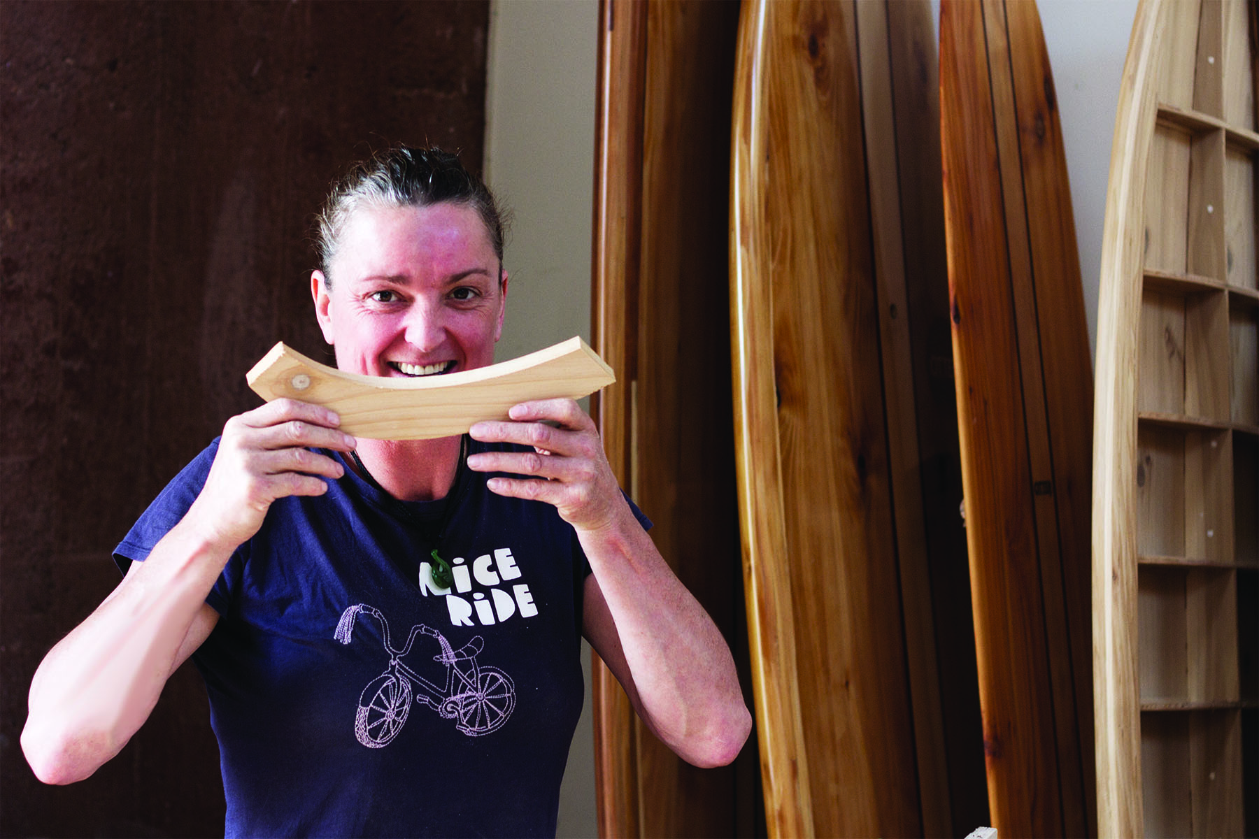 Tracy Martin and Paul Otter wooden surfboard workshop June 2014 tracy smile