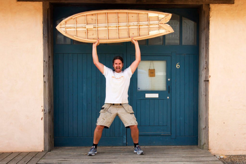 Tracy Martin and Paul Otter wooden surfboard workshop June 2014 paul trophy portrait