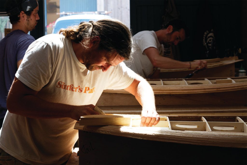 Tracy Martin and Paul Otter wooden surfboard workshop June 2014 paul in a spot of sunshine