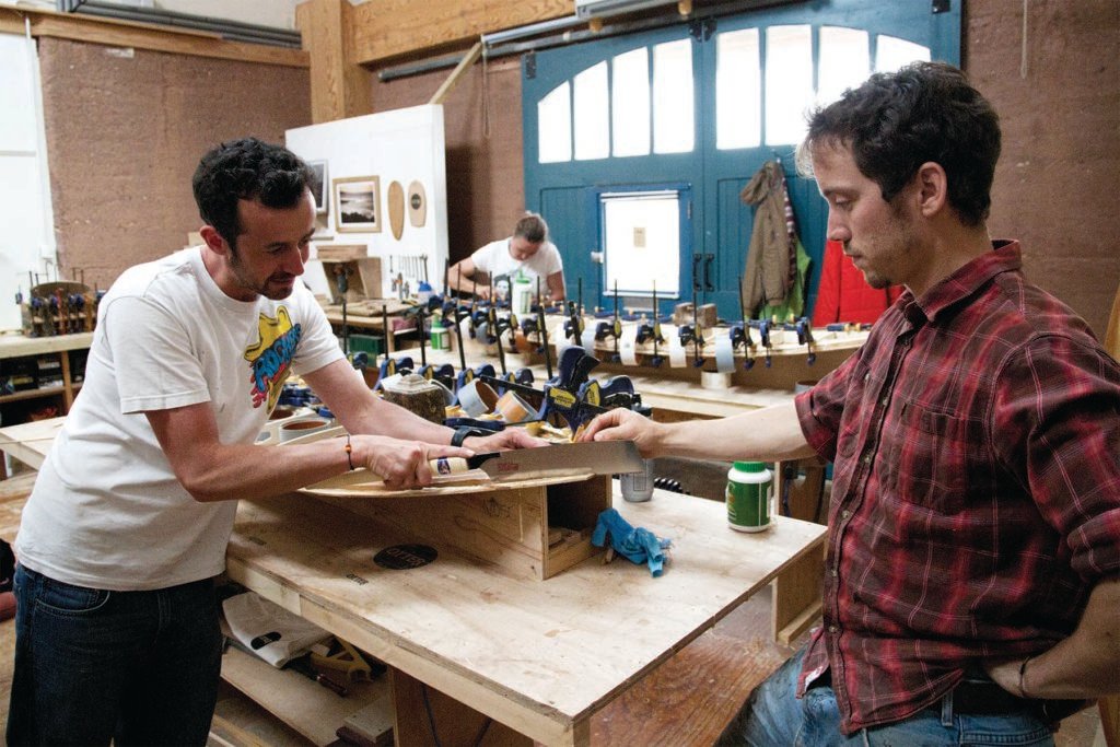 Tracy Martin and Paul Otter wooden surfboard workshop June 2014 james and martin cut nose