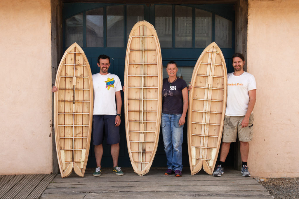 Tracy Martin and Paul Otter wooden surfboard workshop June 2014 group portrait