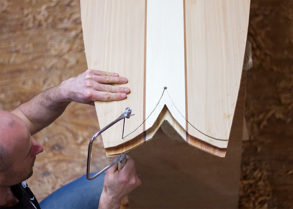 Otter wooden surfboard workshop shaping fish tail