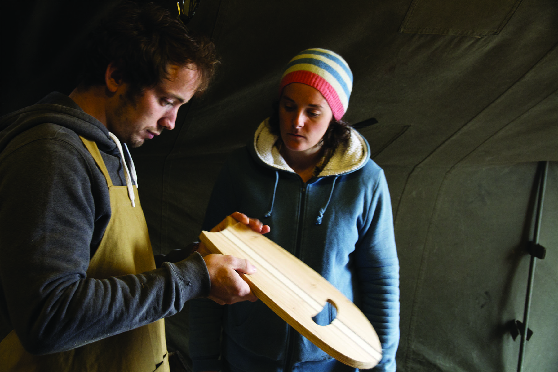 Otter Surfboards Finisterre Handplane Workshop Wheal Kitty St Agnes 2014 Ellie handplane check with James Otter