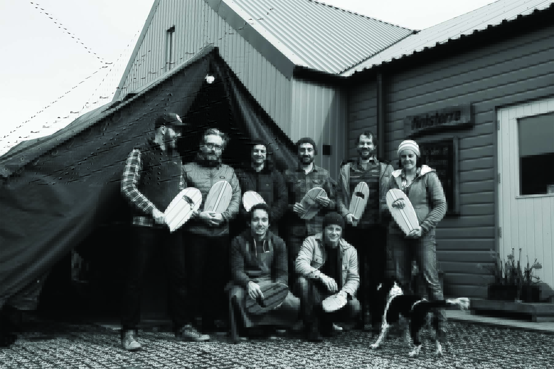 Otter Surfboards Finisterre Handplane Workshop Wheal Kitty St Agnes 2014 group portrait in black and white