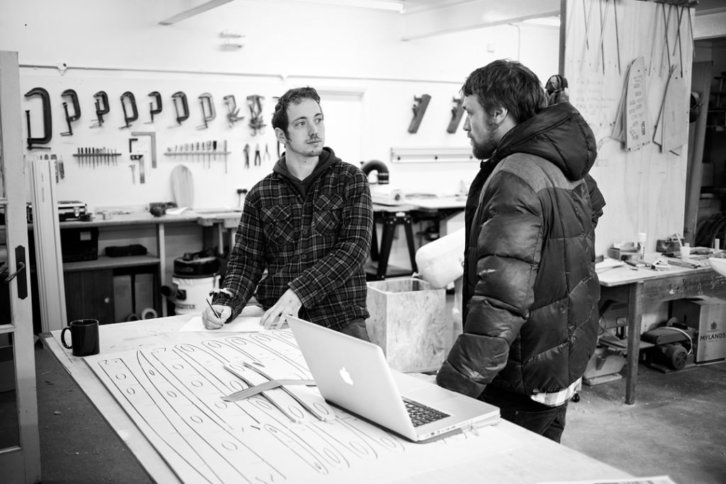James Otter and Ben Skinner in the Otter Surfboards workshop