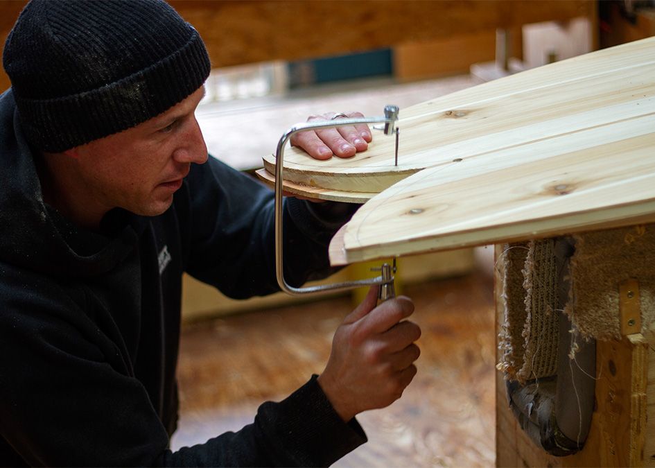 otter wooden surfboard workshop fish tail shaping