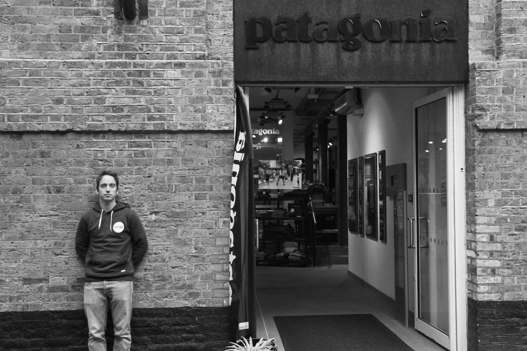 James Otter Wooden surfboard maker at patagonia london with storyboard