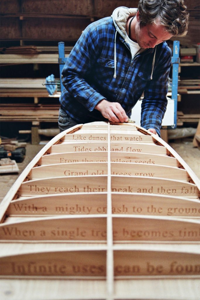 The Storyboard by James Otter and Mat Arney Wooden Surfboard Project poem inside wooden surfboard