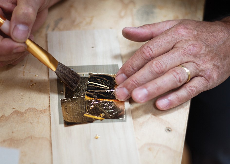 Marc Koska Otter Wooden Surfboard workshop cornwall 2015 gold leaf