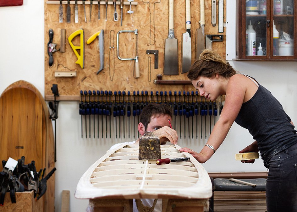 Otter Wooden Surfboard Workshop July 2015 Claire California redwood detailing the tail