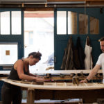Otter Wooden Surfboard Workshop July 2015 Claire California redwood prepping the rails