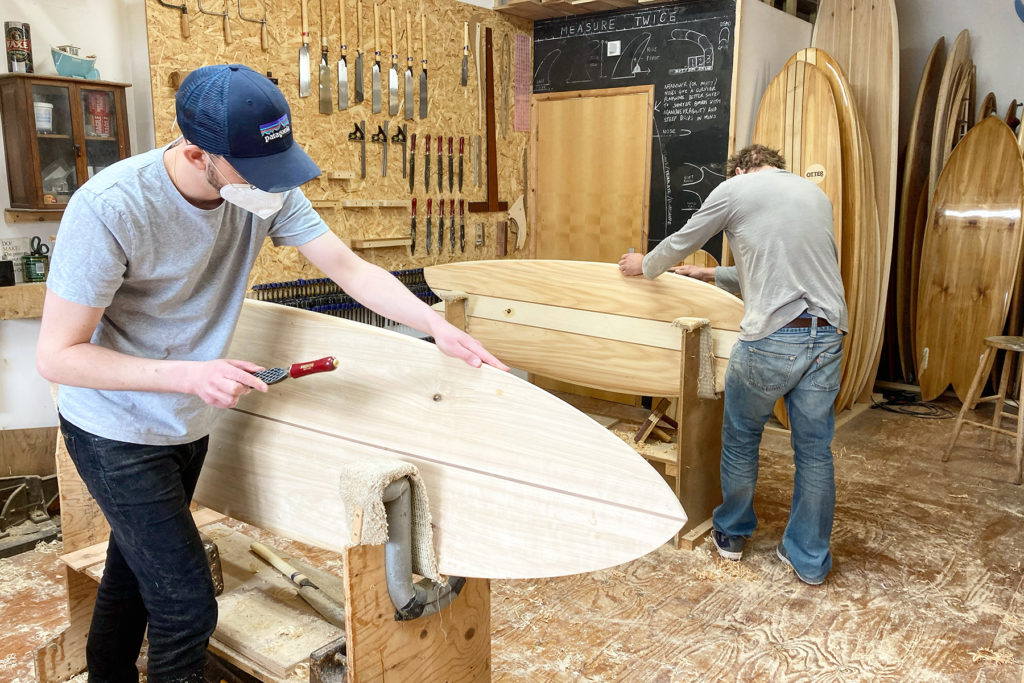 Otter Surfboards Wooden Surfboard workshop experience may 2021 - Group shot - Phil James Chris