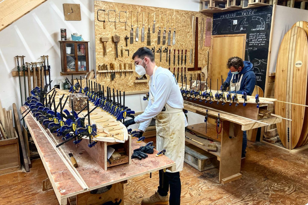 Otter Surfboards Wooden Surfboard workshop experience may 2021 - Group shot - Phil James Chris