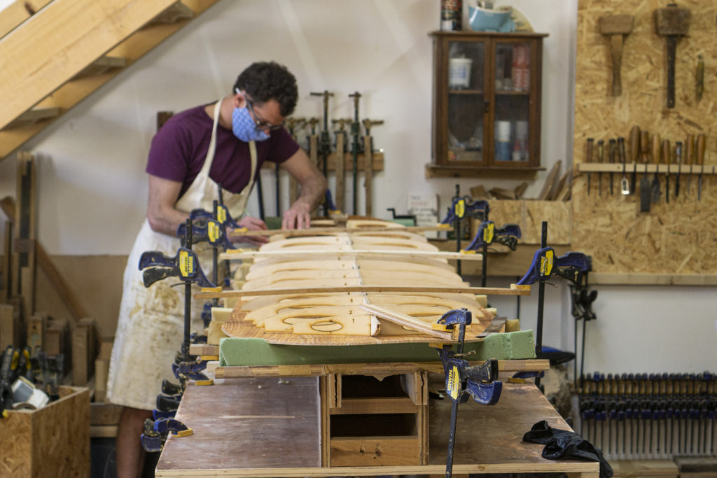 Otter Wooden Surfboard Workshop June 2021 Mike and Jon-Mike James and Jon marking out frame