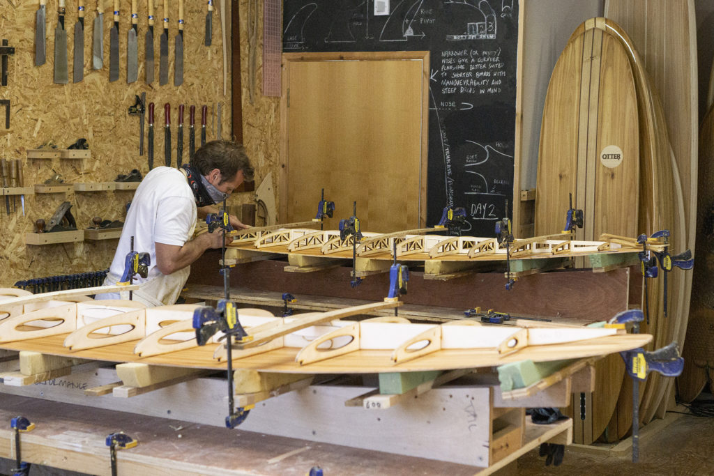 Otter Wooden Surfboard Workshop June 2021 Mike and Jon-Mike James and Jon frame glue down