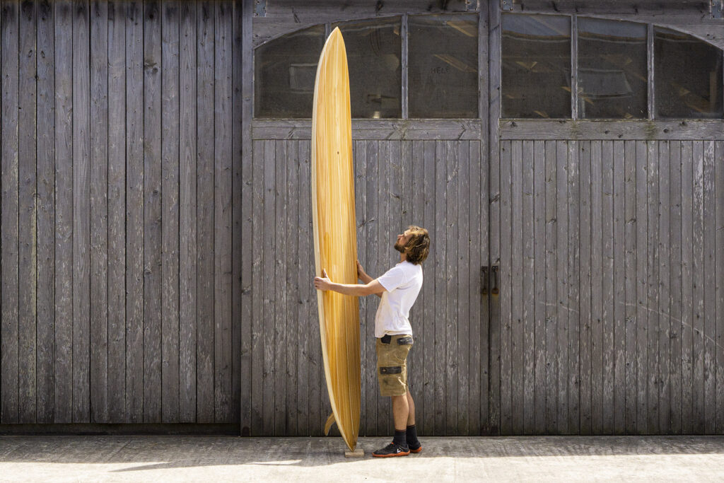 Otter x Birkenstock Glider Wooden Surfboard deck looking