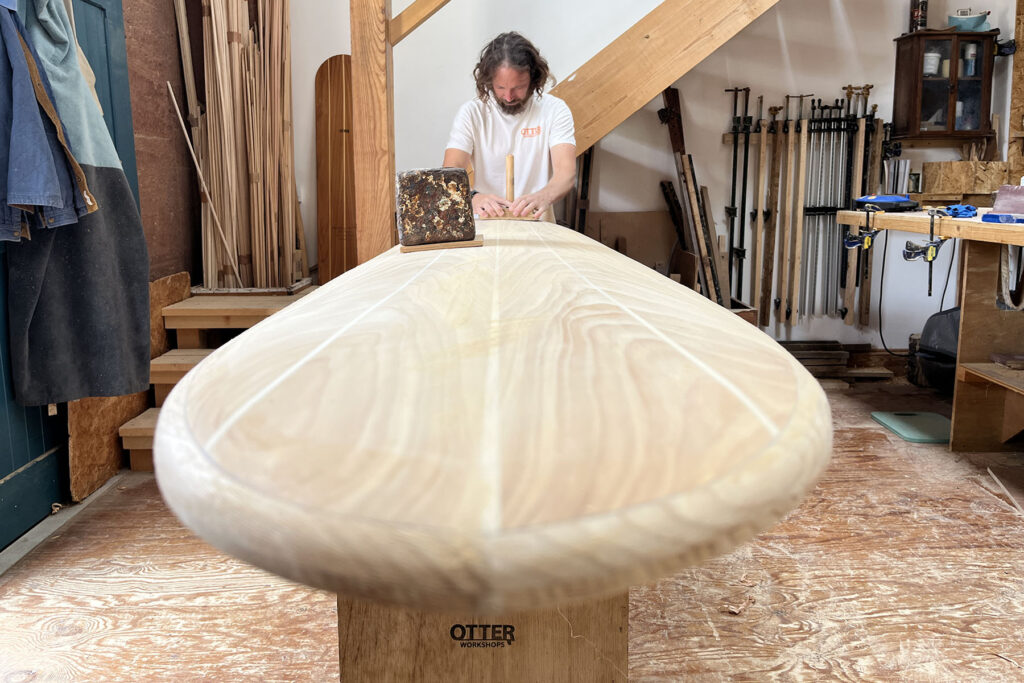 Shaping Otter Surfboards 9'1 Wicket hollow wooden surfboard