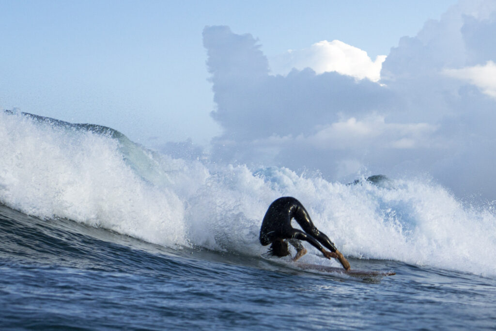 Surfing sustainable hollow wooden surfboards in Cornwall, UK
