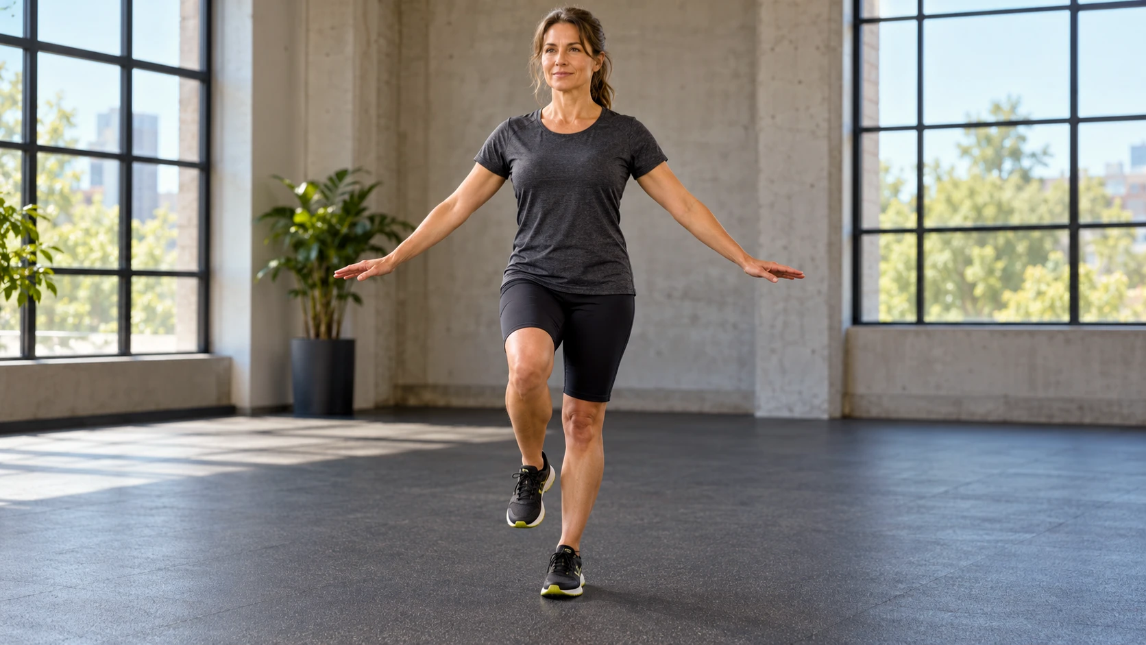 controlled single-leg balance, naturally lit studio