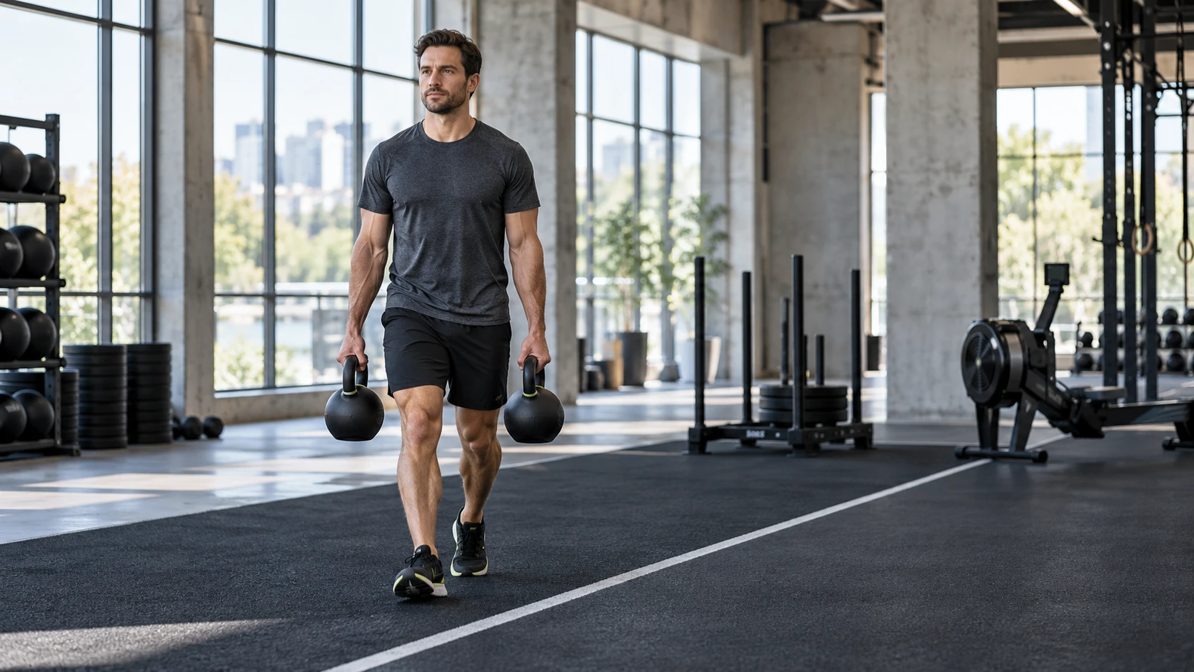 recreational athlete building fitness in a modern gym, natural light,