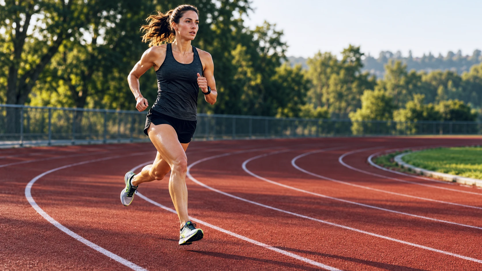 runner completing track intervals, morning light, charcoal sportswear