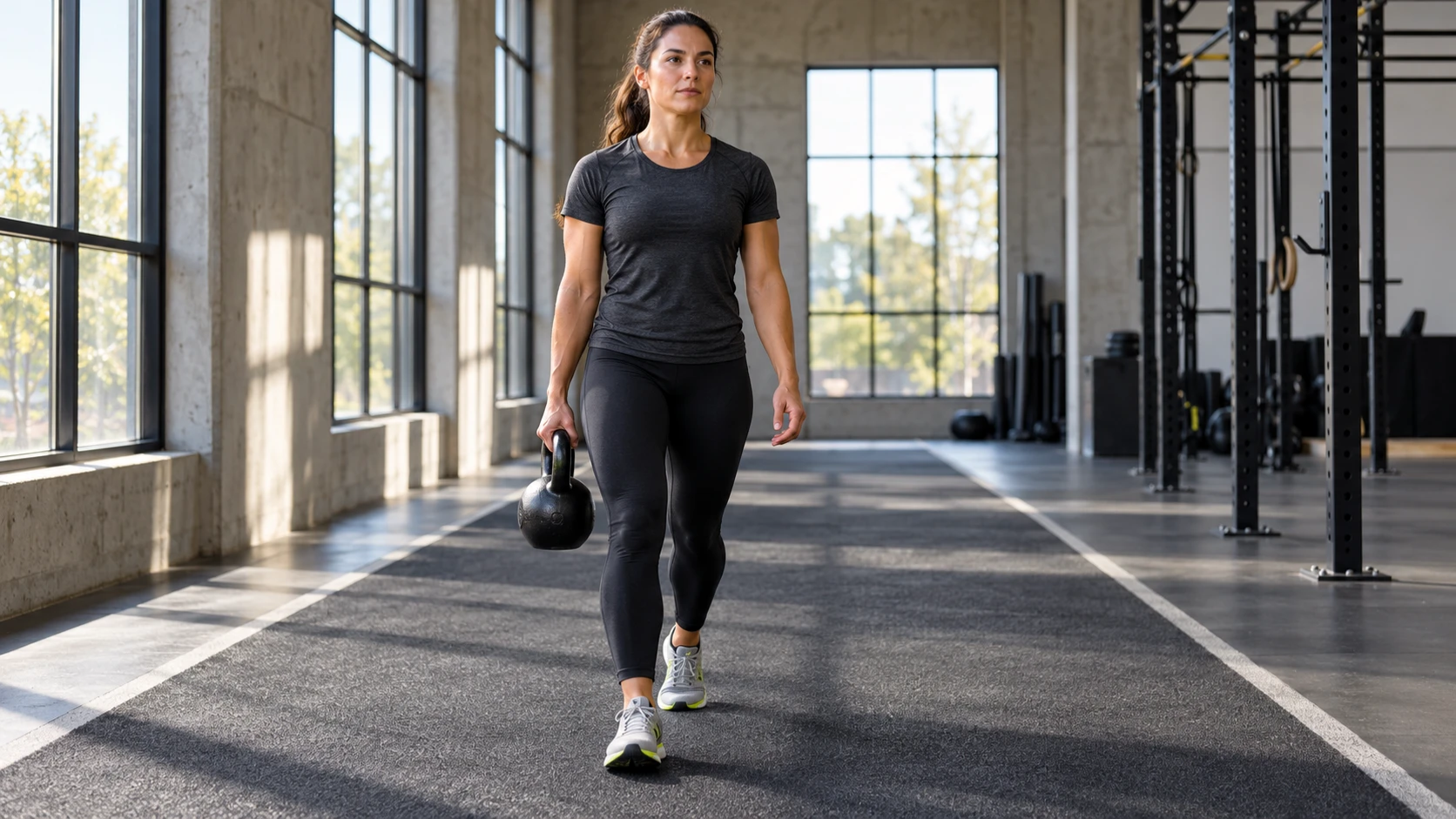 athlete performing an upright kettlebell suitcase carry, naturally lit gym