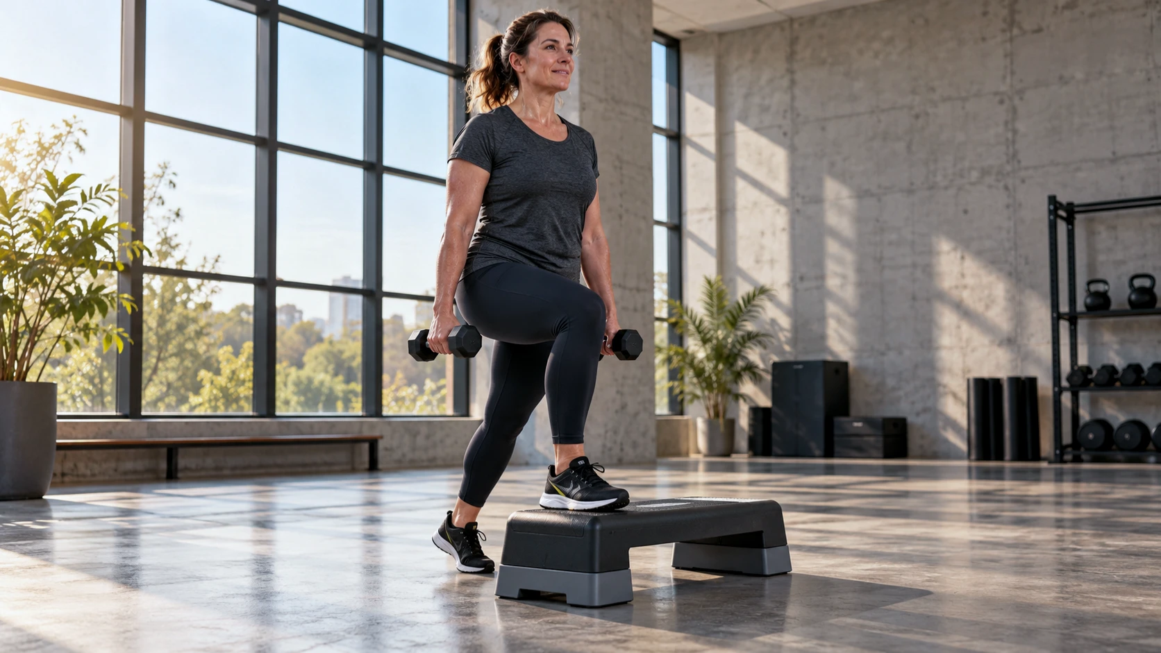 adult performing dumbbell step-ups, naturally lit studio