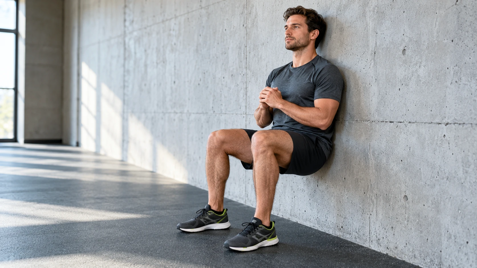 a controlled wall sit, naturally lit gym