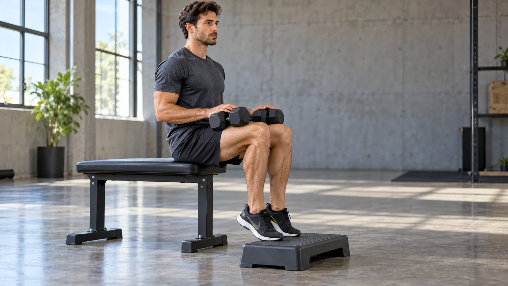 Athlete performing a seated dumbbell calf raise, raised heels clearly visible, naturally lit gym