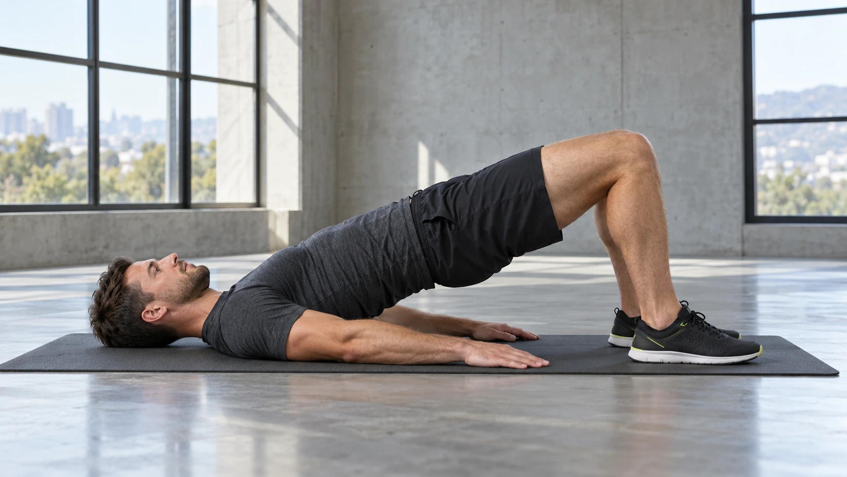 a controlled glute bridge, naturally lit studio