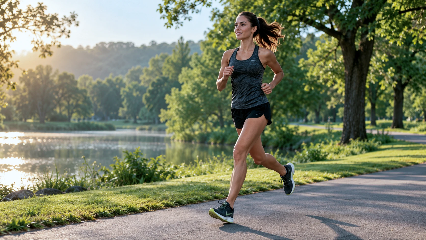 Athlete running through a park