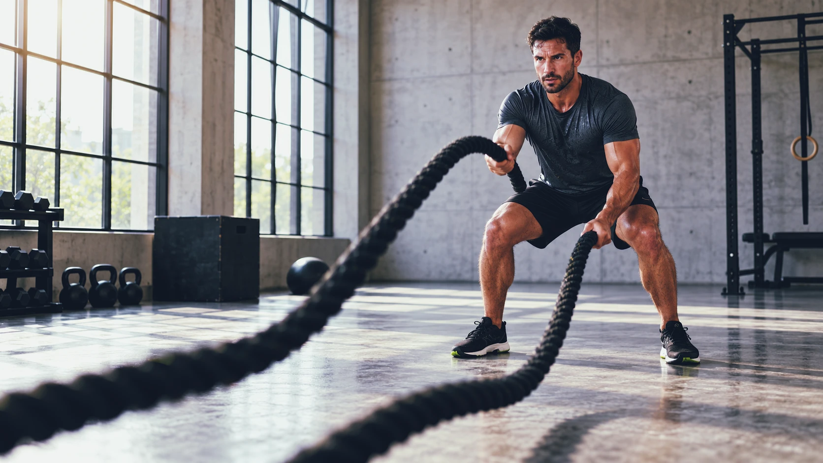an athlete training with battle ropes, naturally lit concrete studio, charcoal sportswear