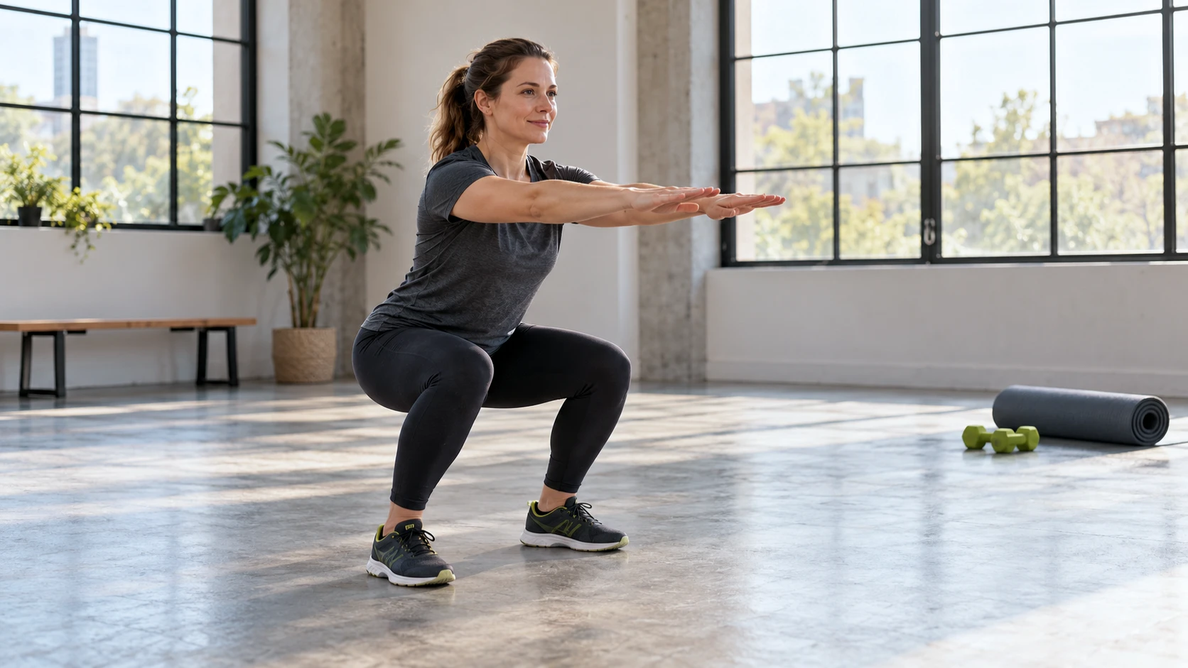 a beginner performing a bodyweight squat, bright studio