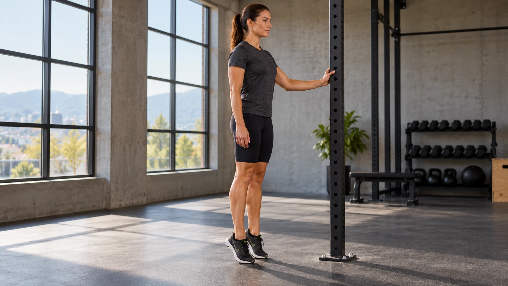 controlled standing calf raise, naturally lit gym