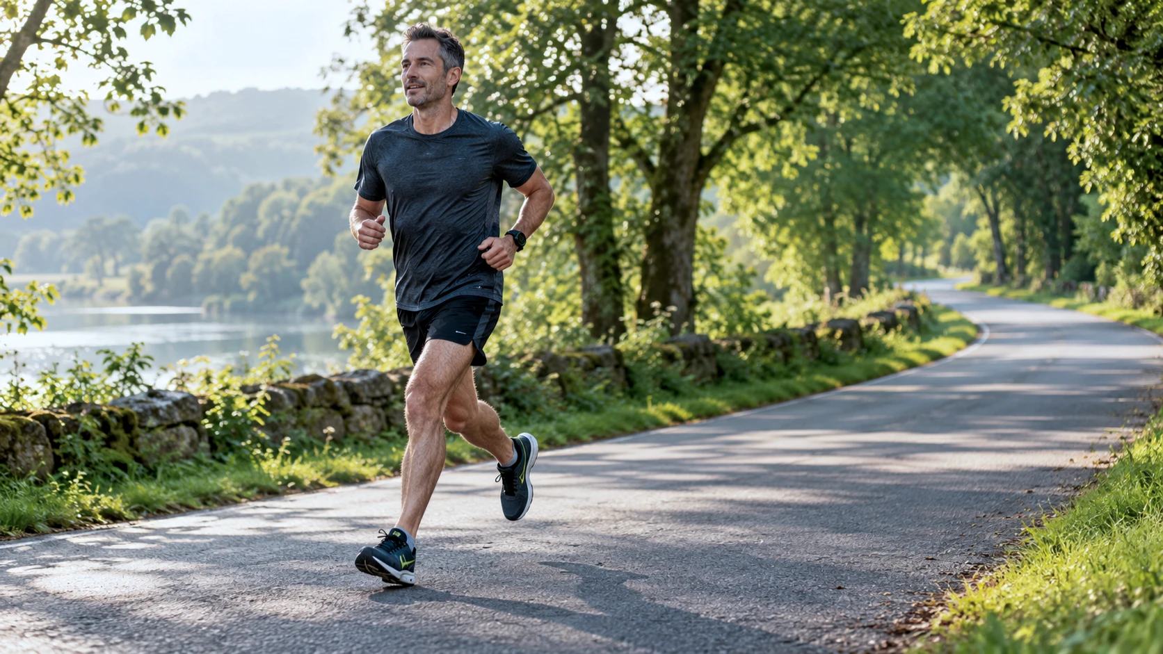 a recreational distance runner on a tree-lined route, morning light