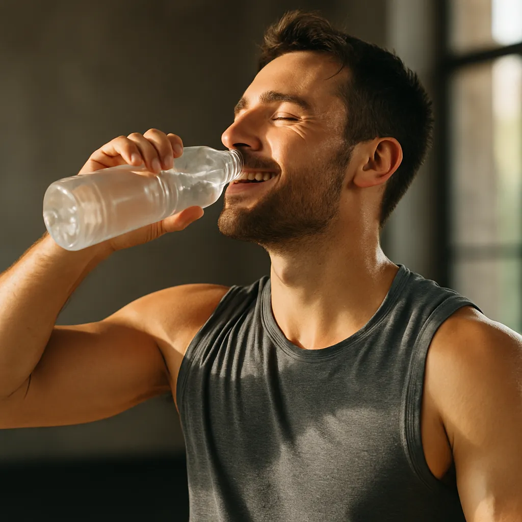 Athlete drinking water post-workout with clear energy and glow