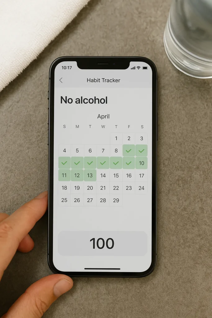 Phone screen showing a habit tracker app with alcohol-free days checked off
