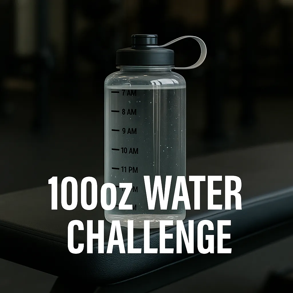 Clear water bottle with time markings sitting on a gym bench — overlay text- 100oz Water Challenge