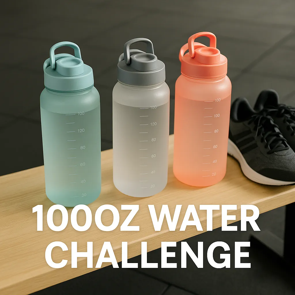 Reusable water bottles filled for the day next to training shoes