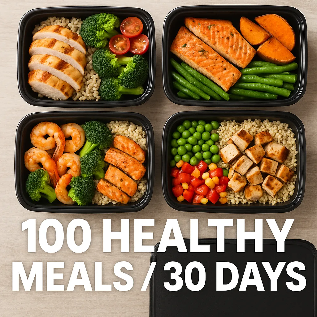 Meal prep containers laid out with colourful balanced meals — overlay text- 100 Healthy Meals _ 30 Days