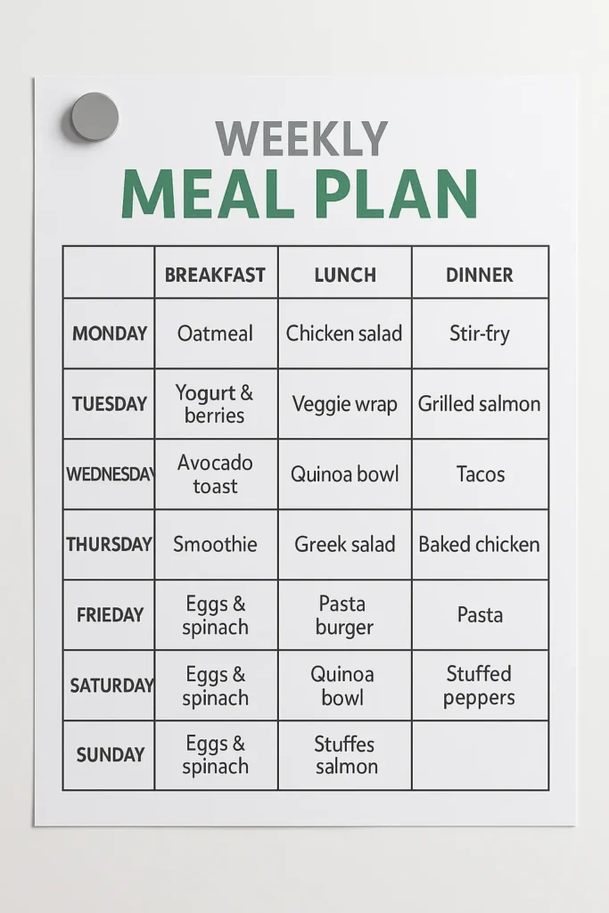 Weekly meal prep schedule on a whiteboard or printed planner