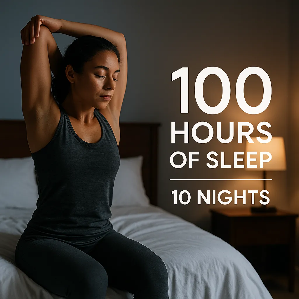 Athlete stretching in low-lit room with sleep tracker overlay — text- 100 Hours of Sleep _ 10 Nights