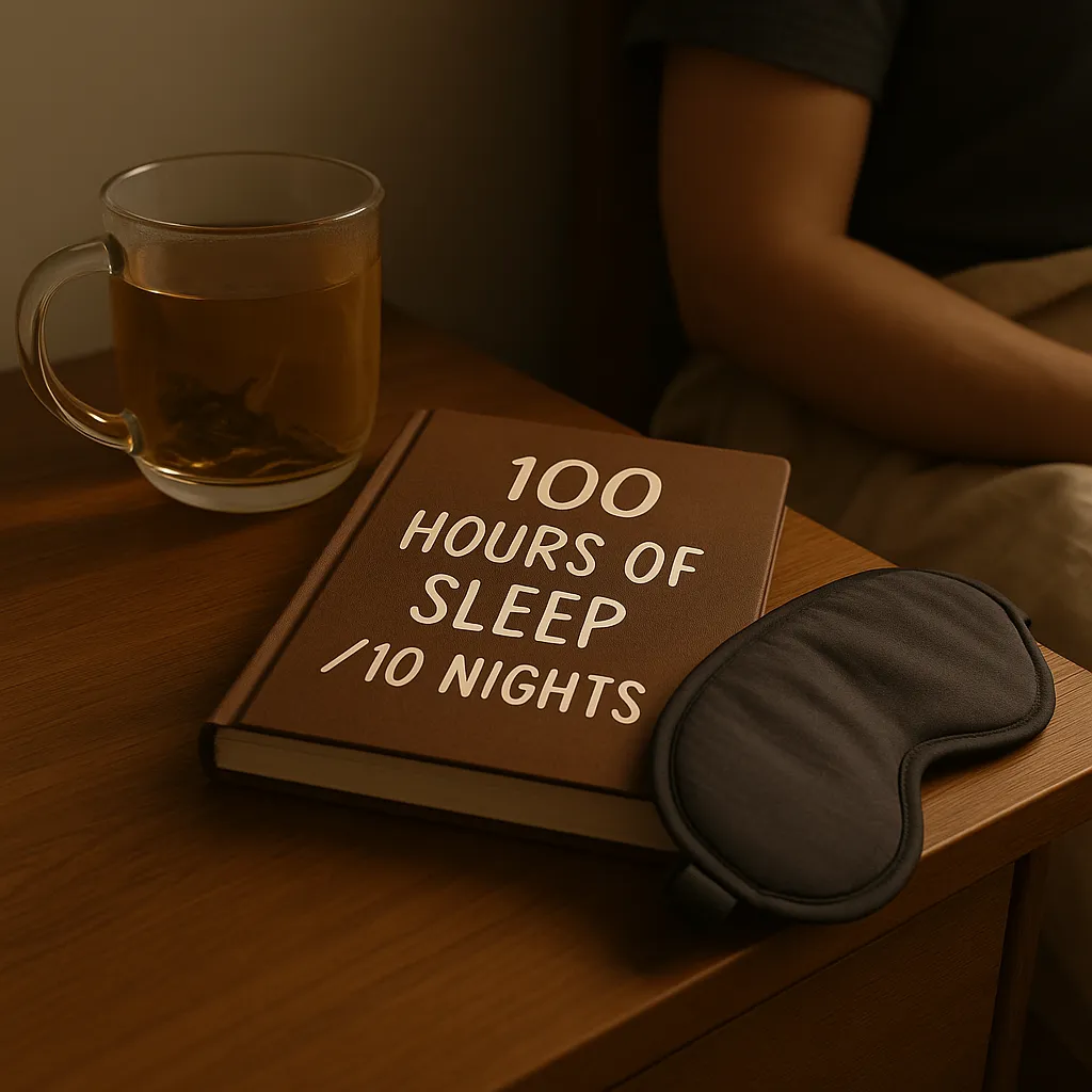 Bedside table with journal, herbal tea, and eye mask