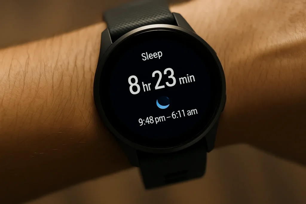 Fitness tracker or smartwatch displaying 8–10 hours of logged sleep