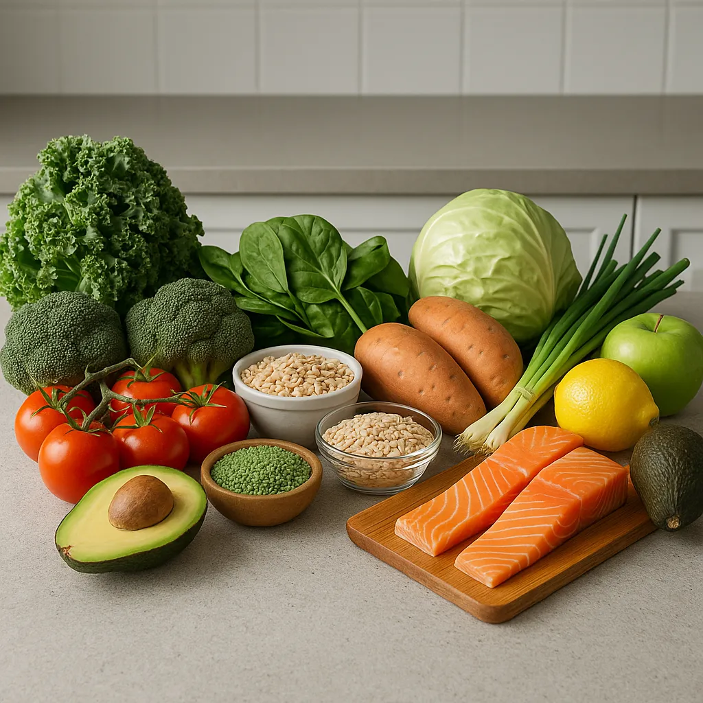 Grocery haul of unprocessed, fresh ingredients on kitchen counter