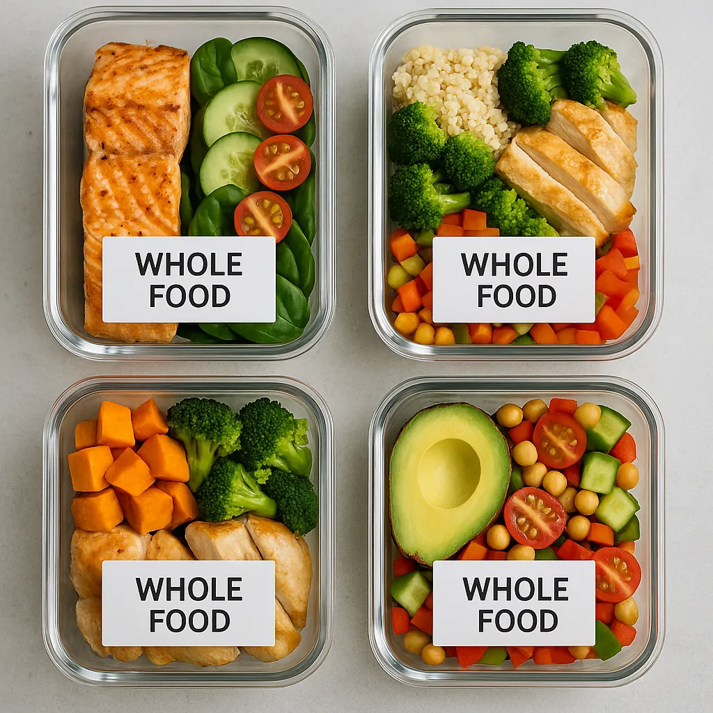 Prep containers labelled with whole food meals for the day