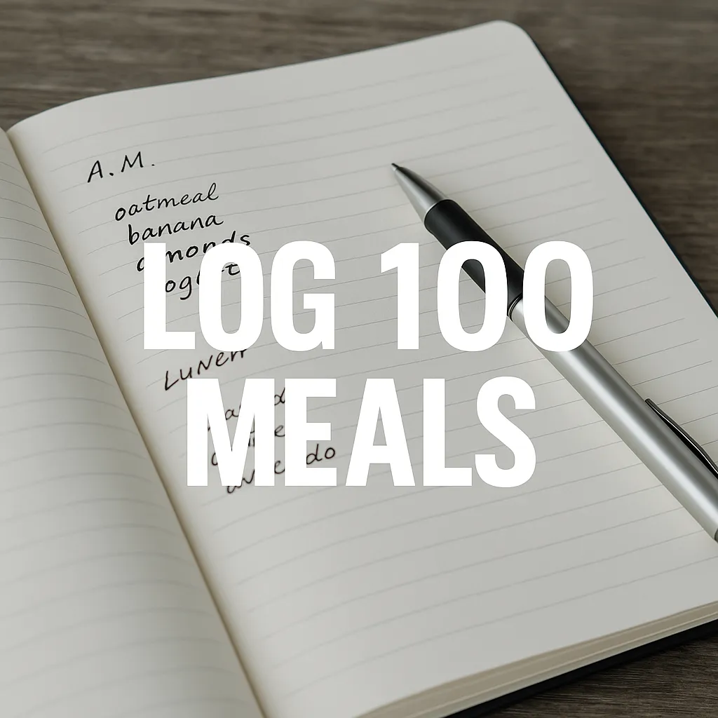 Journal open with a logged food diary and pen — overlay text- Log 100 Meals