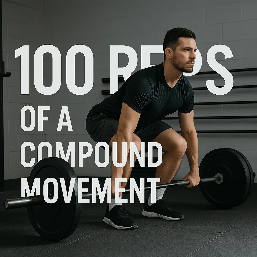 Athlete deadlifting in gym with strong posture, overlay text- 100 Reps of a Compound Movement
