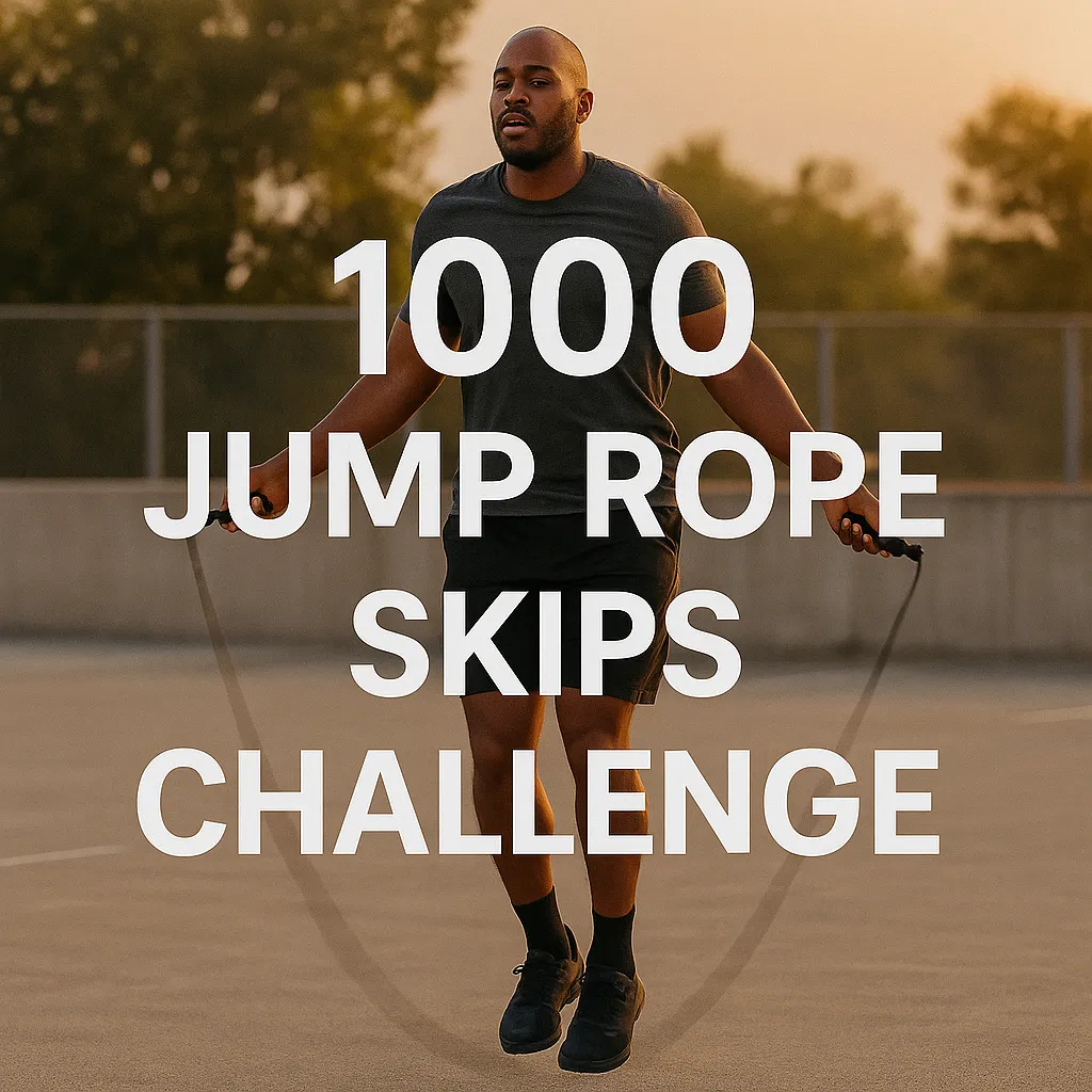 Athlete mid-jump outdoors with rope blurred in motion, overlay text- 1000 Jump Rope Skips Challenge