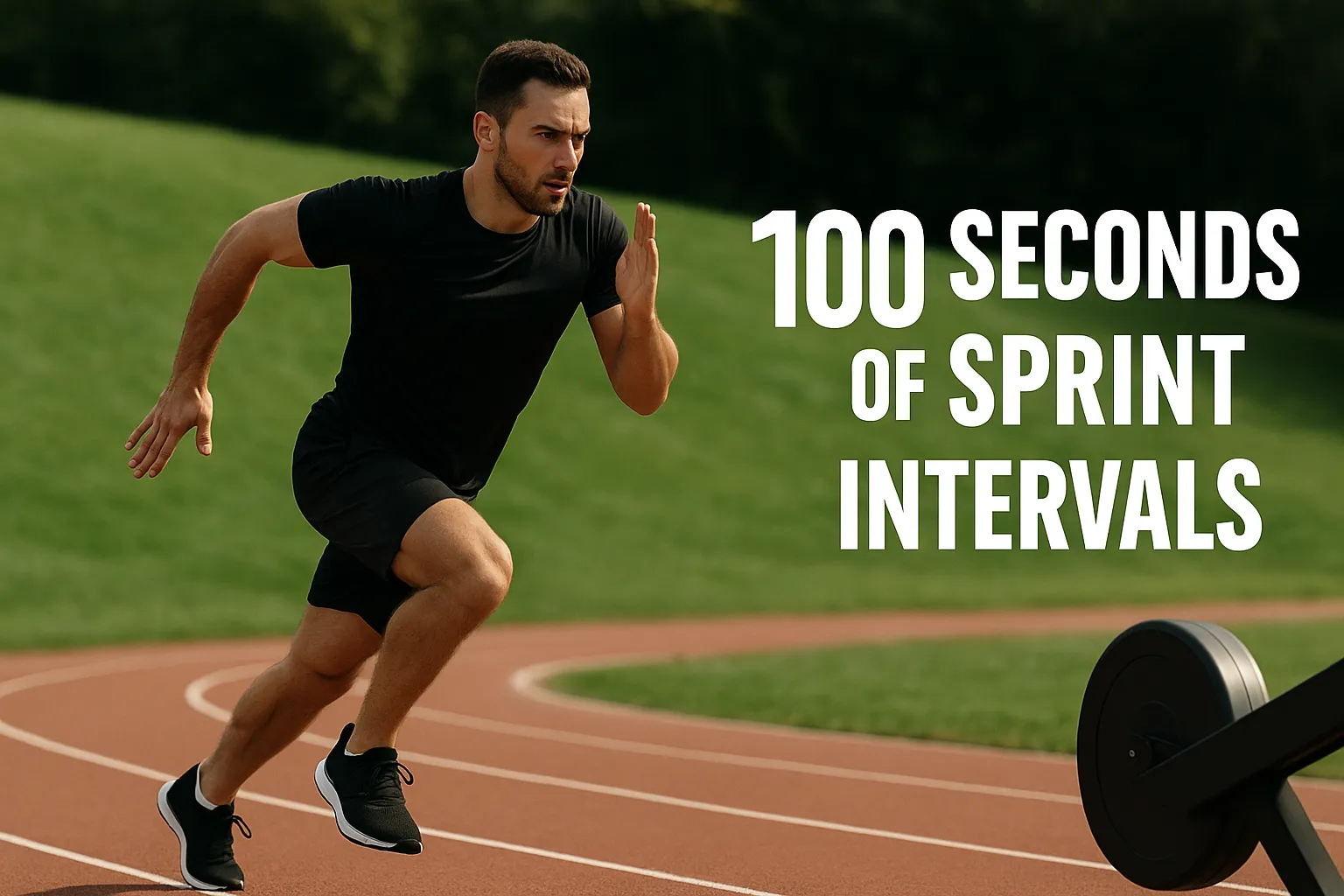Athlete mid-sprint on outdoor track or grassy hill, overlay text- 100 Seconds of Sprint Intervals